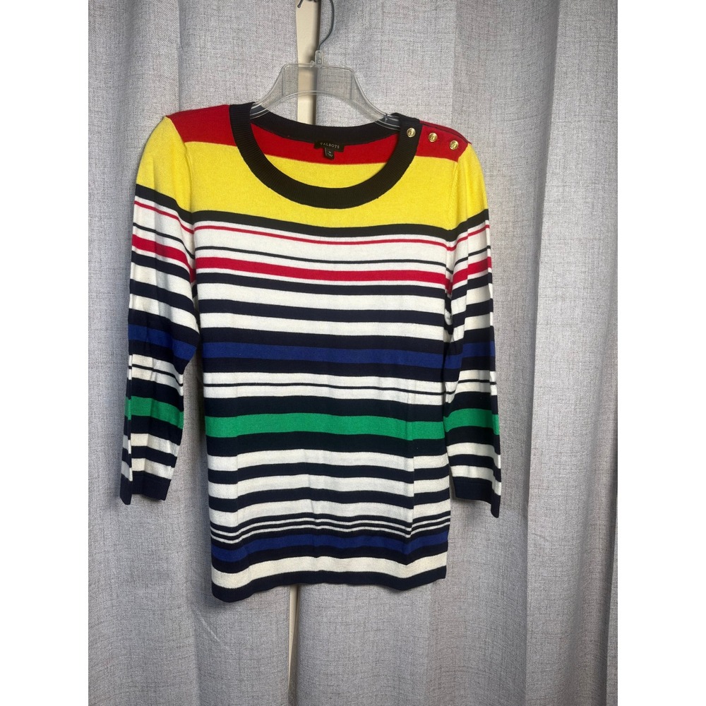 Talbots Womens Medium Striped Sweater Nautical Gold Anchor Button Shoulder Knit